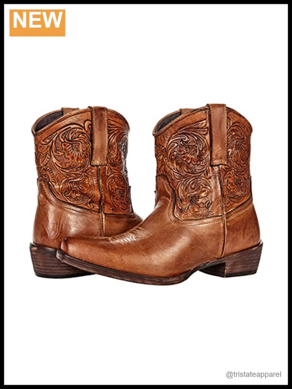 Women's Western Boots Ankle Low Heel Tooled Leather Pull-On